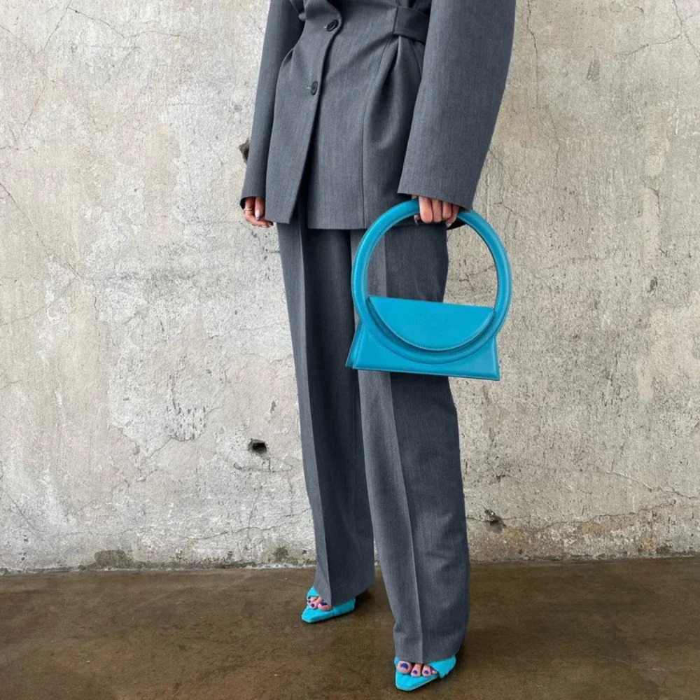 Slow Color Casual Waist Sports Jacket and Pants Set Flip Collar Three Button Womens Two Piece 241115