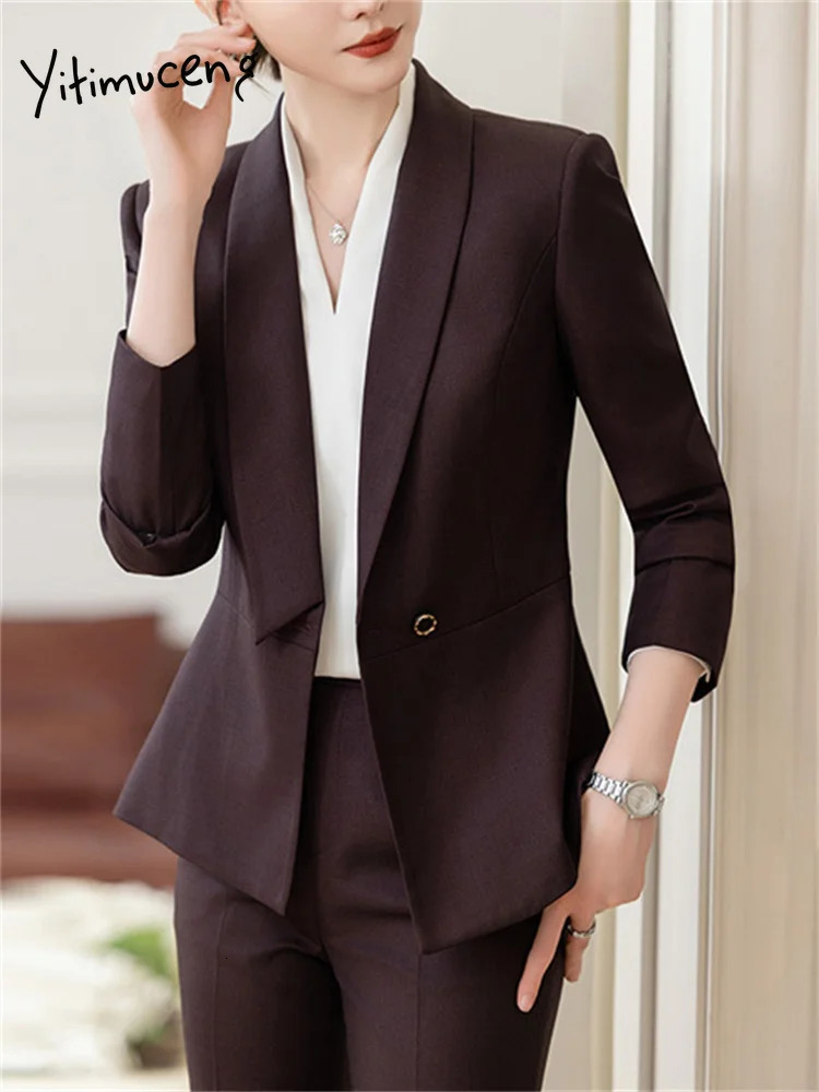 Yitimuceng Formal Work Pants Suits Korean Office Womens Solid Ultra Thin Long Sleeve Jacket Pencil Two Piece Set 241115