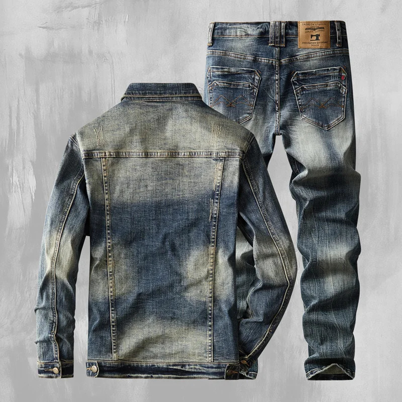 2024 AutumnWinter American Denim Coats Set Classic Simple and Versatile Washed Elastic Cowboy Jeans Clothes For Men 241116
