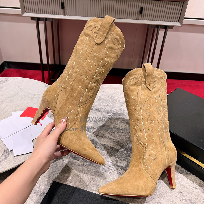 2024 Vintage Leather Suede Ing Western Women Exquisite Embroidery Boots Medium High Tube Three Colors 250227 250227