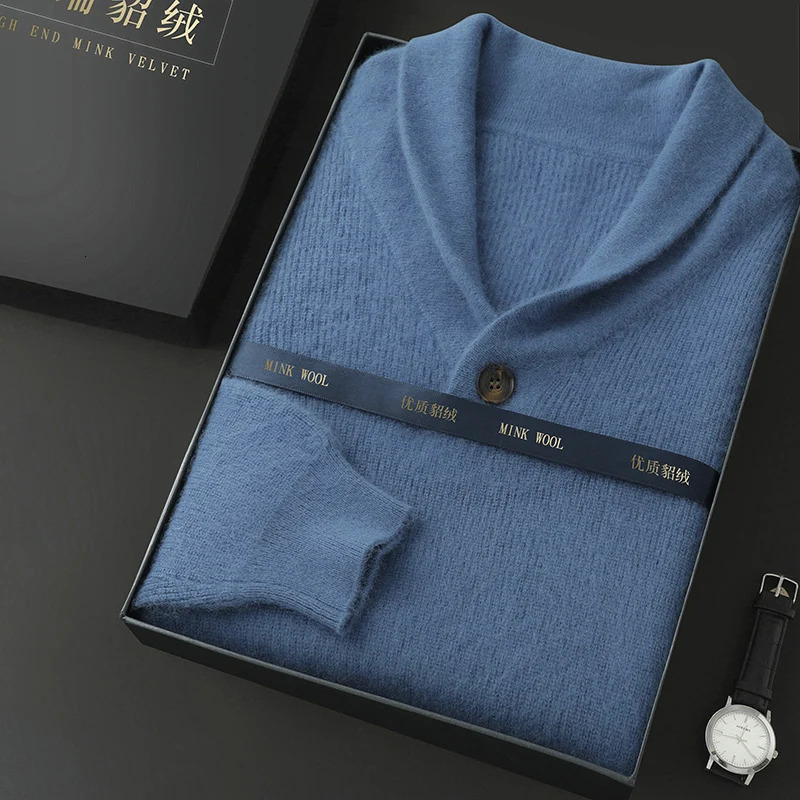 Selling 100% mink cashmere sweater mens long sleeved winter olive collar business casual bottom 241115