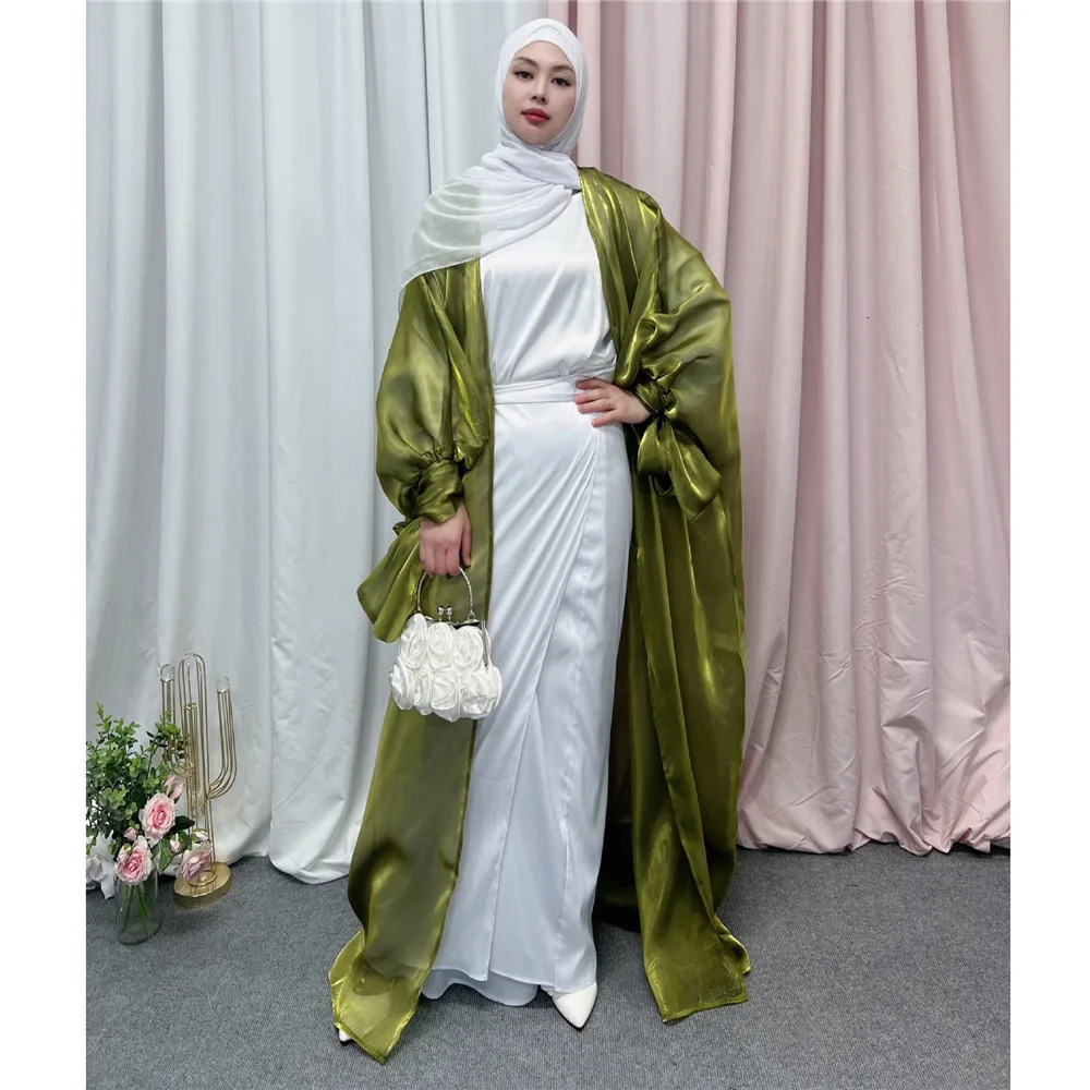 Shiny satin open Abaya Dubai Kaftan Womens Muslim kimono open Islamic puffy sleeves Caftan Maxi dress gown Jalabiya 241111