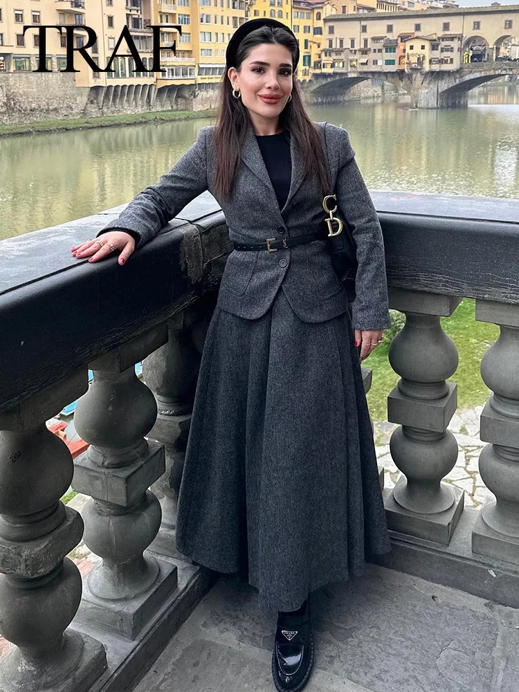 TRAF Autumn Womens Clothing Trend Solid Vneck Texture Slimming JacketWrinkled Commuting Office 241115