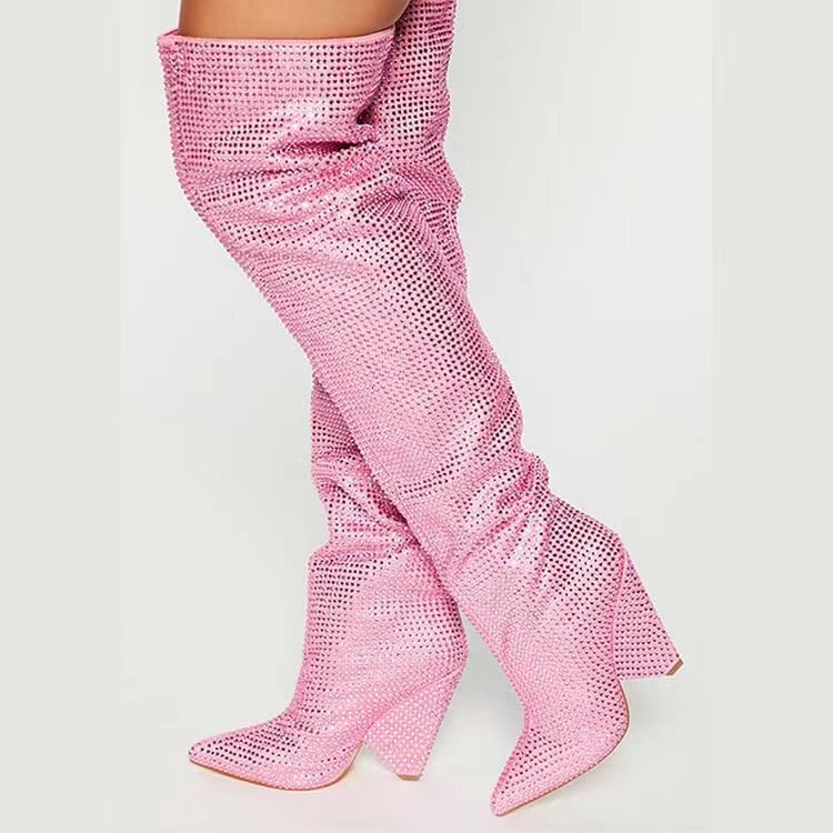 2023 Cross border Foreign Trade New Pointed Cone Heel with Slope Heel, One Step Stepping with Starry Sky Water Diamond Large Knee Over Boots for Women