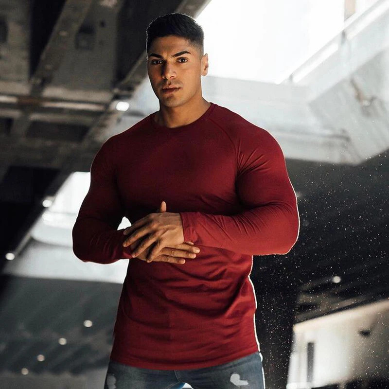 Spring Autumn Slim Fit Cotton Fitness Long Sleeve T Shirt Men Sports TShirt Oneck Running Tee Gym Bodybuilding Tshirt 241115