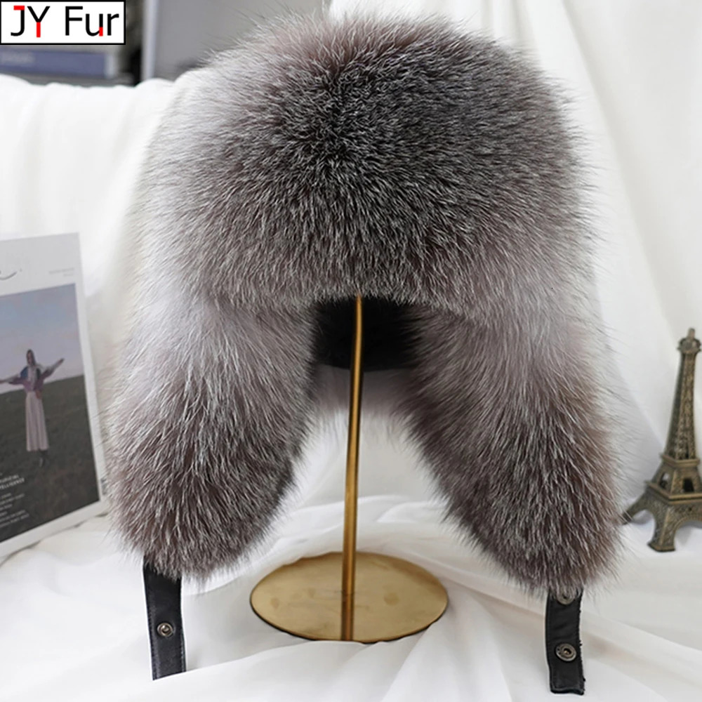 Winter Mens 100% Real Silver Fox Fur Bomber Hat Raccoon Fur Ushanka Cap Trapper Russian Man Ski Hats Caps Real Leather 241116