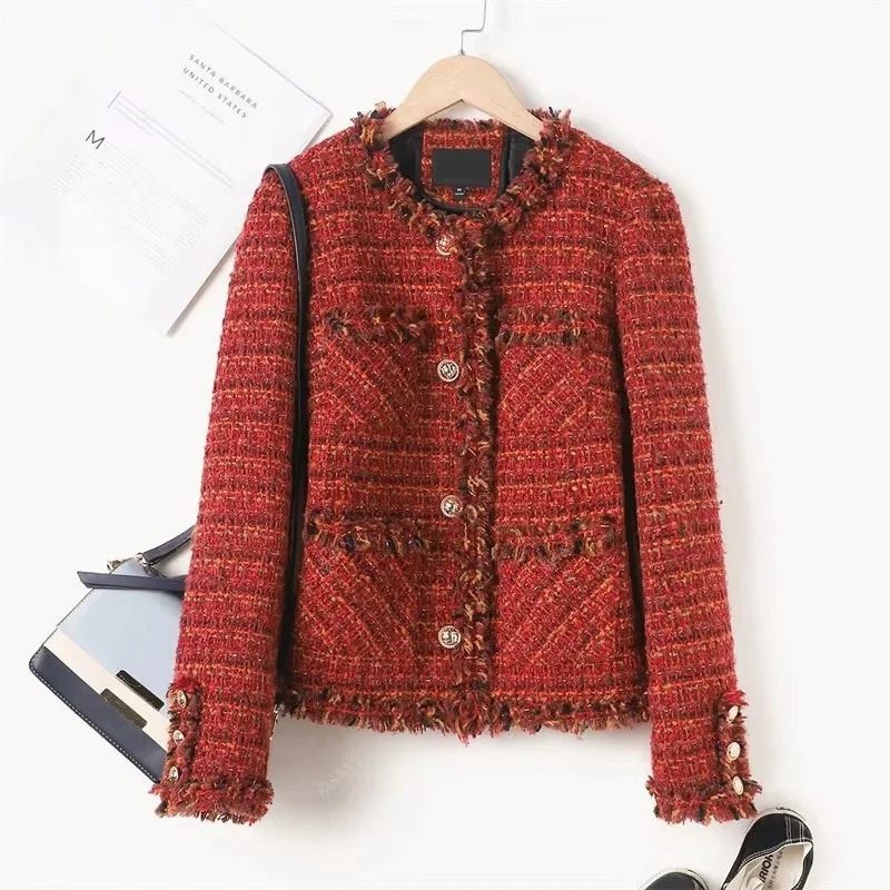 autumn jacket French high-end warm red perfume coat Womens short thick tweed coat Womens cutting jacket top 241115