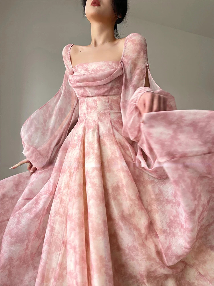 Pink Floral Dress Elegant Woman Long Sleeve Chiffon Casual Midi Dress Even Party Elegant Flormal Dress Beach Style Summer 240410