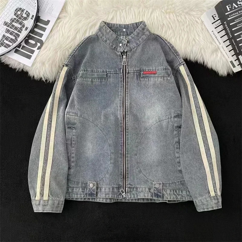 light blue denim long sleeved jacket mens Harajuku zipper jacket autumn winter top Y2K Gothic clothing jacket 241115