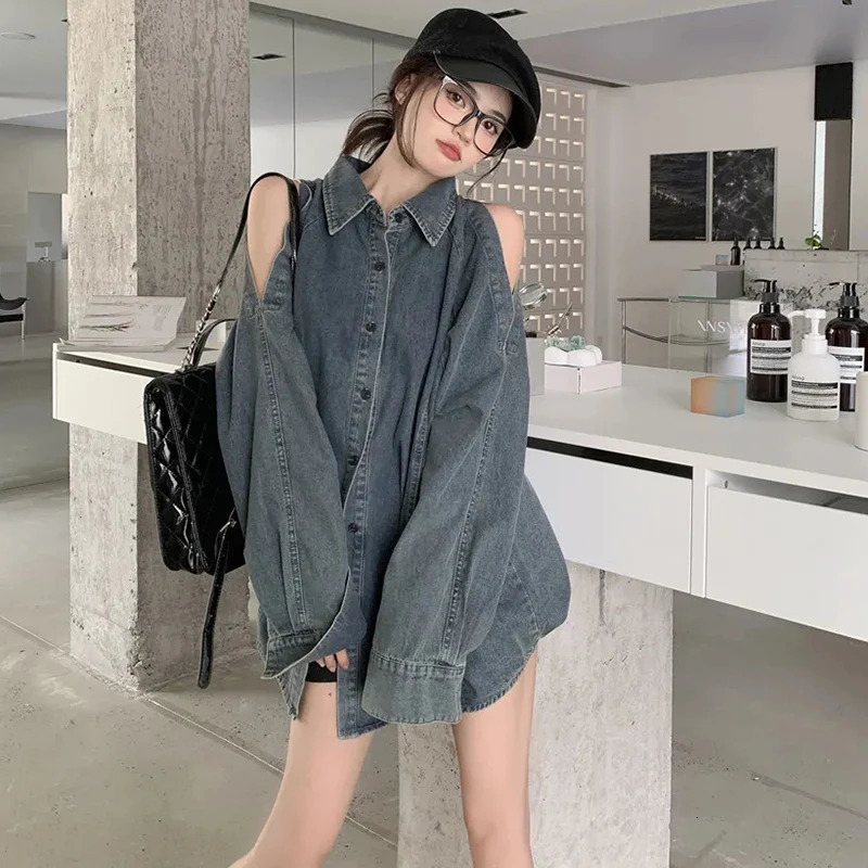 Retro shoulder denim shirt for women fashion single chest mid length jacket for womens streetwear long sleeved pocket top 241115