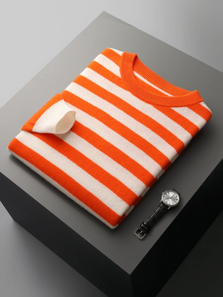 CHICOU Autumn Mens Oneck Striped Wool Pullover Basic Casual Long Sleeve Cashmere Sweater 100% Merino Knitted Top 241115