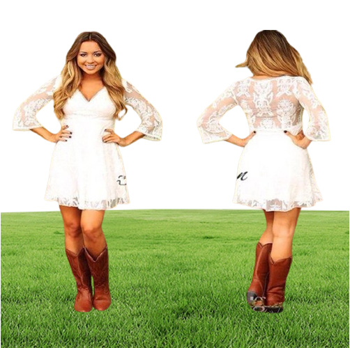 Modest Short Lace Cowgirls Country Wedding Dresses with 34 Long Sleeves Mini Bridal Gowns Reception Dress for Weddings