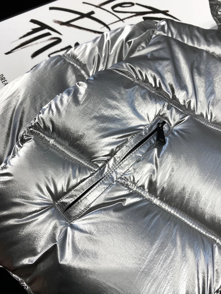 YOZOU Warm Winter Silver Shiny Hooded Padded Quilted Jacket Woman Short Parkas Y2k Korean Zipper Coat High Street Fashionable 241115