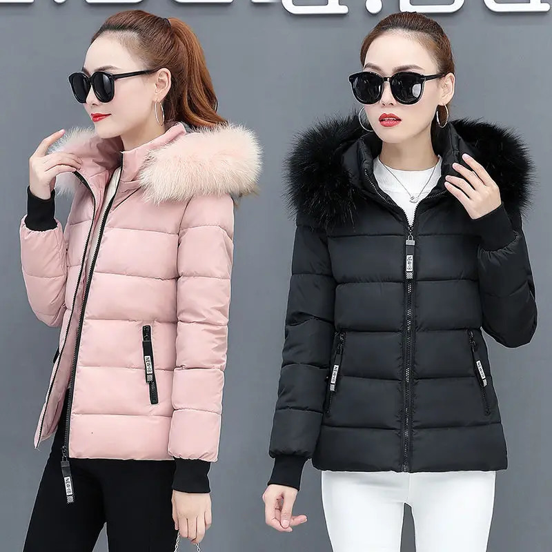 Winter Parka Jacket Fur Collar Hooded Basic Coat Female Warm Zipper Short Cotton Padded Outerwear 241108