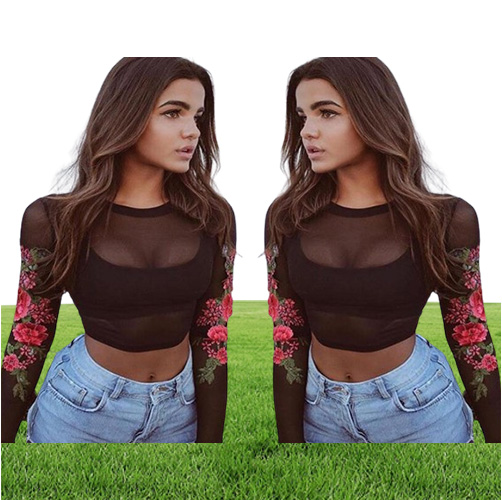 Embroidery Flower Black See Through TShirt Women Crop Top Transparent Mesh Sheer Tube Club Women Top Ladies Tees TShirts