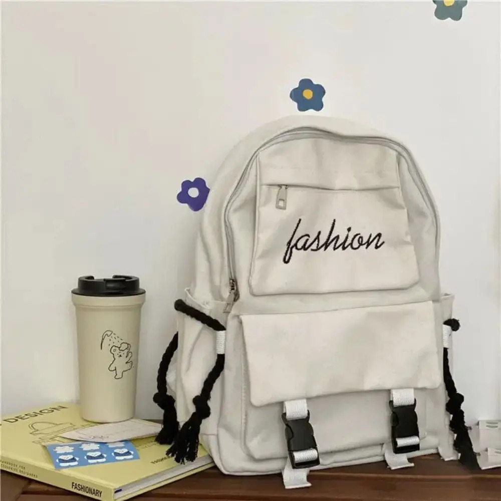 Womens Korean Version Canvas Schoolbag Mens Casual Solid Color Backpack Travel School Shoulder Bag 241115