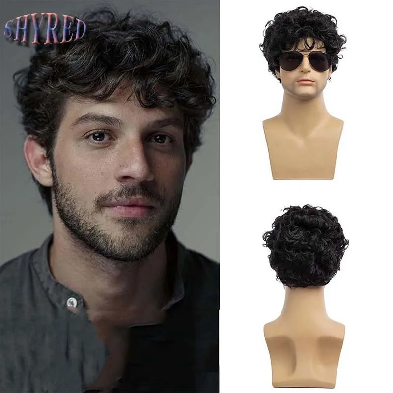 Men Synthetic Short Black Wigs with Bangs for Man Curly Hair Fluffy Daily Heat Resistant Breathable Male Wig 241115
