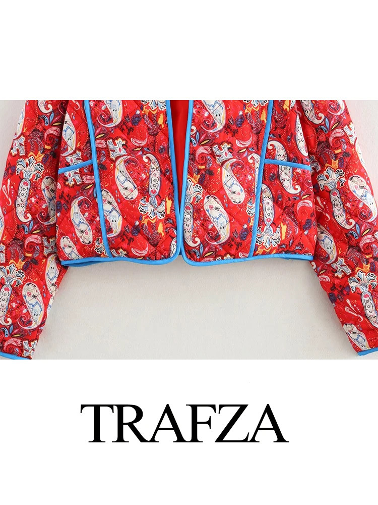 TRAFZA Women Winter Fashion Retro VNeck Red Printed Long Sleeve Cotton Jacket Female Elegant High Street Warm Short 241115