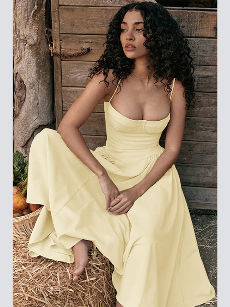 Sexy Solid Pleated Hem Sling Dress Women Fashion Midi Sleeveless Backless Dresses Female 2024 Summer Party Evening A-line Robes 241116