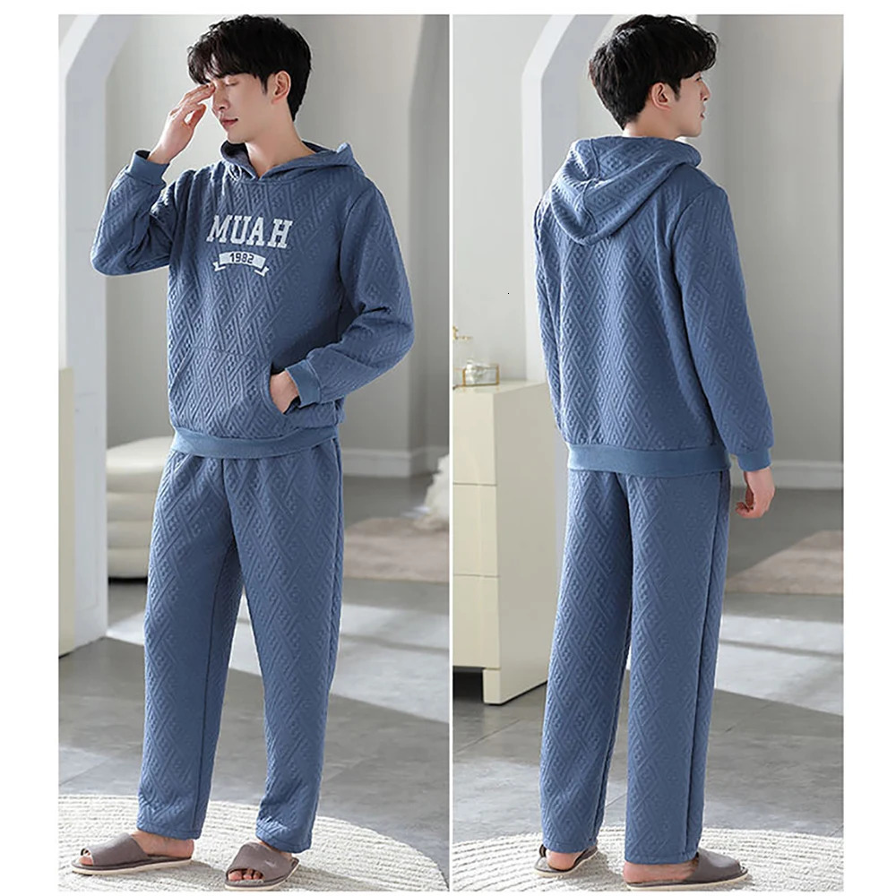 Mens Winter Thick 100% Cotton Filled Hoodie Sleepwear for Sleep Romantic Knitted Letter Sleepwear Soft and Comfortable Sleepwear Set 241112