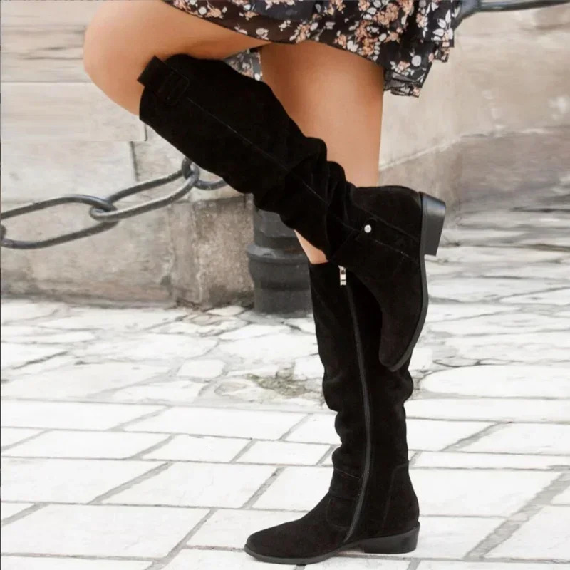 Low heel side zipper size 43 suede high womens boots retro womens boots autumn winter knee high boots 2024 241115