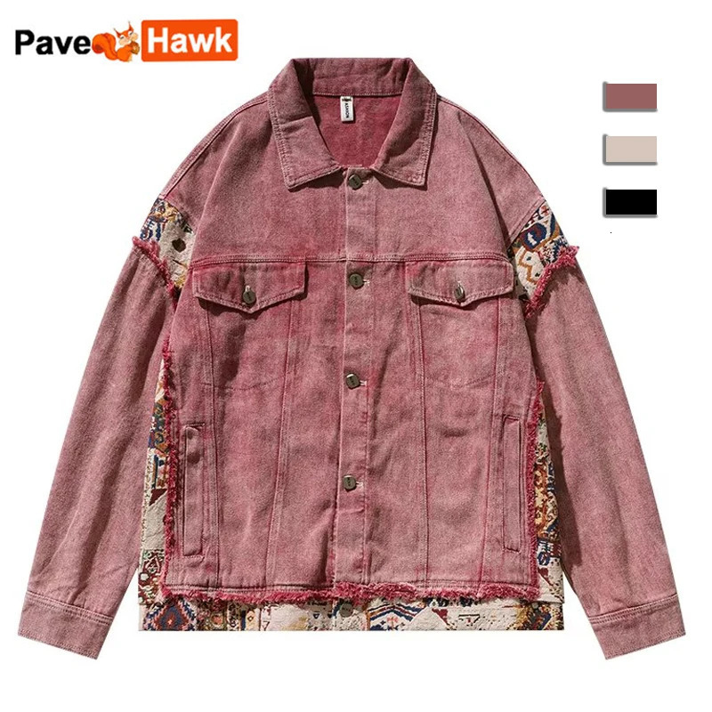 Pink denim jacket mens patchwork embroidered loose Harajuku couple jacket autumn Y2k street hip-hop denim jacket spring 241115