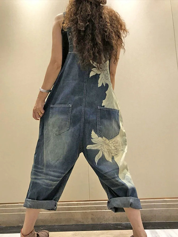 2023 Korean Females Fashion Overalls Ladies Spring Printed Denim Harem Pants Vintage Casual Jeans Loose Trousers 241108