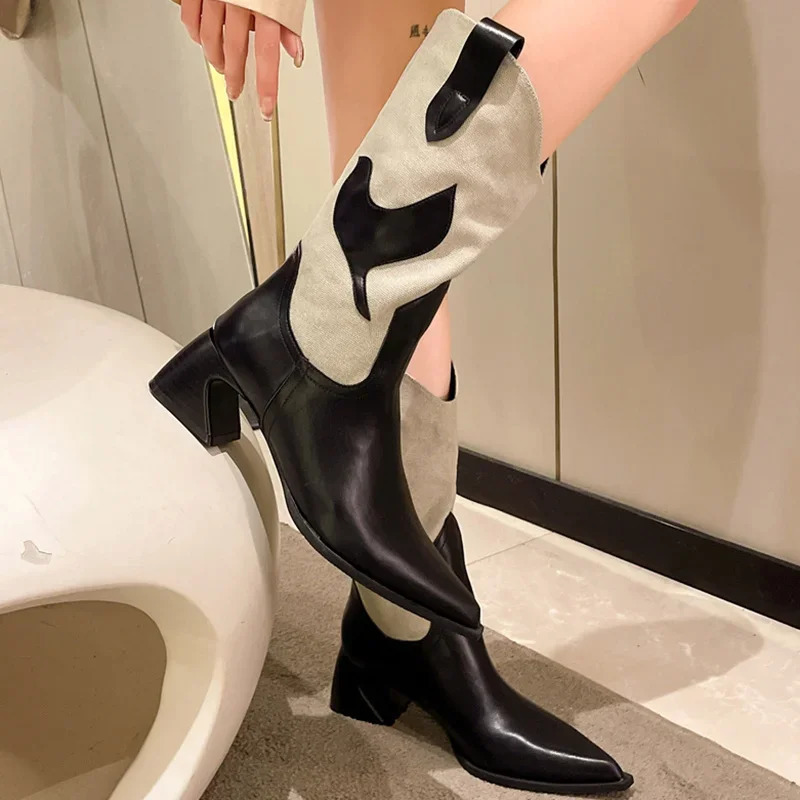 Pointy Boot Denim Womens Shoes Winter Shoes Sexy Thick High Heels Boots Pointe Denim Over the Knee 241115