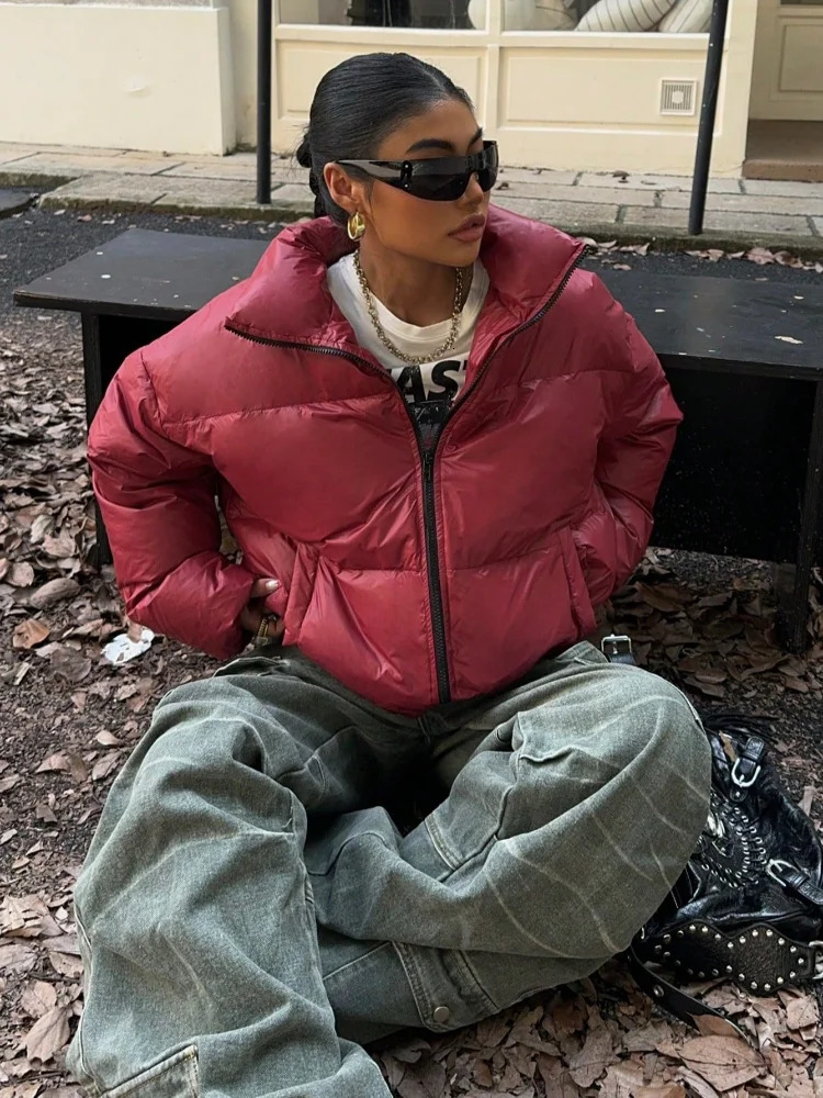 Vintage Burgundy Lapel Collar Women Cotton Coats Fashion Zipper Long Sleeve Down Jacket Lady Cool Girls Winter Commute Wear 241115