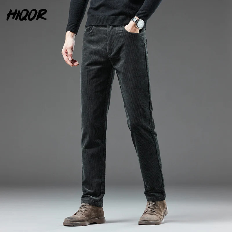 HIQOR Mens Corduroy Pants Winter Thick Warm Business Straight Casual Fashion Korean Wool Green Pocket 241115