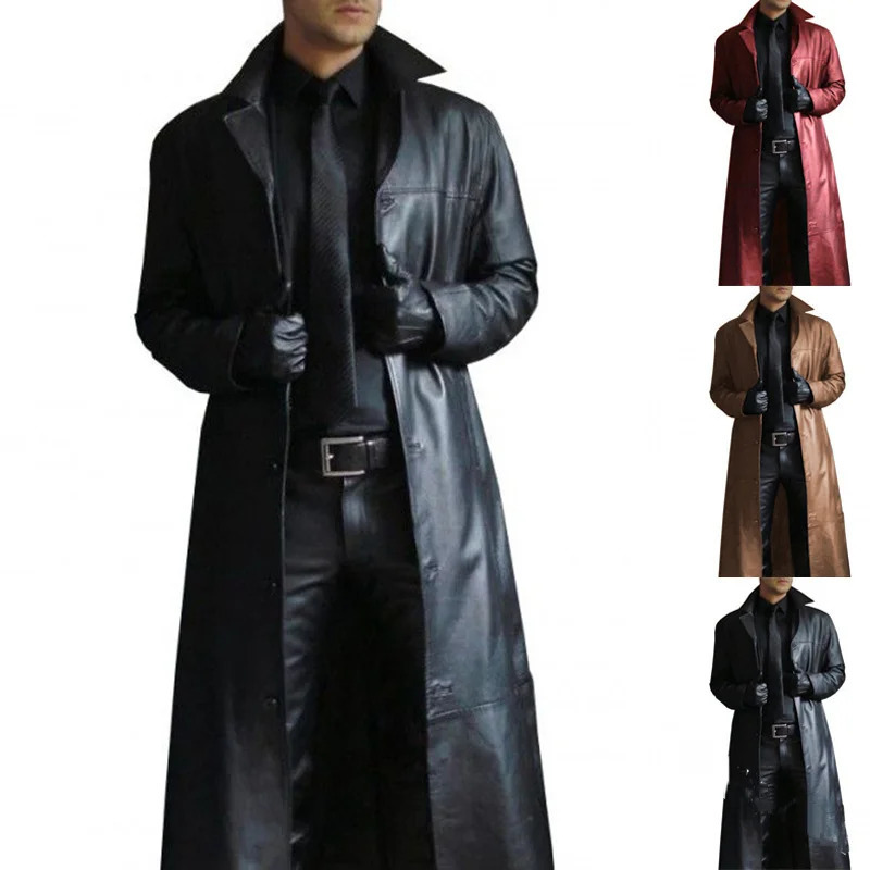 mens artificial leather trench fashion long sleeved autumn windproof jacket ultra-thin leather long sleeved jacket mens jacket 241112