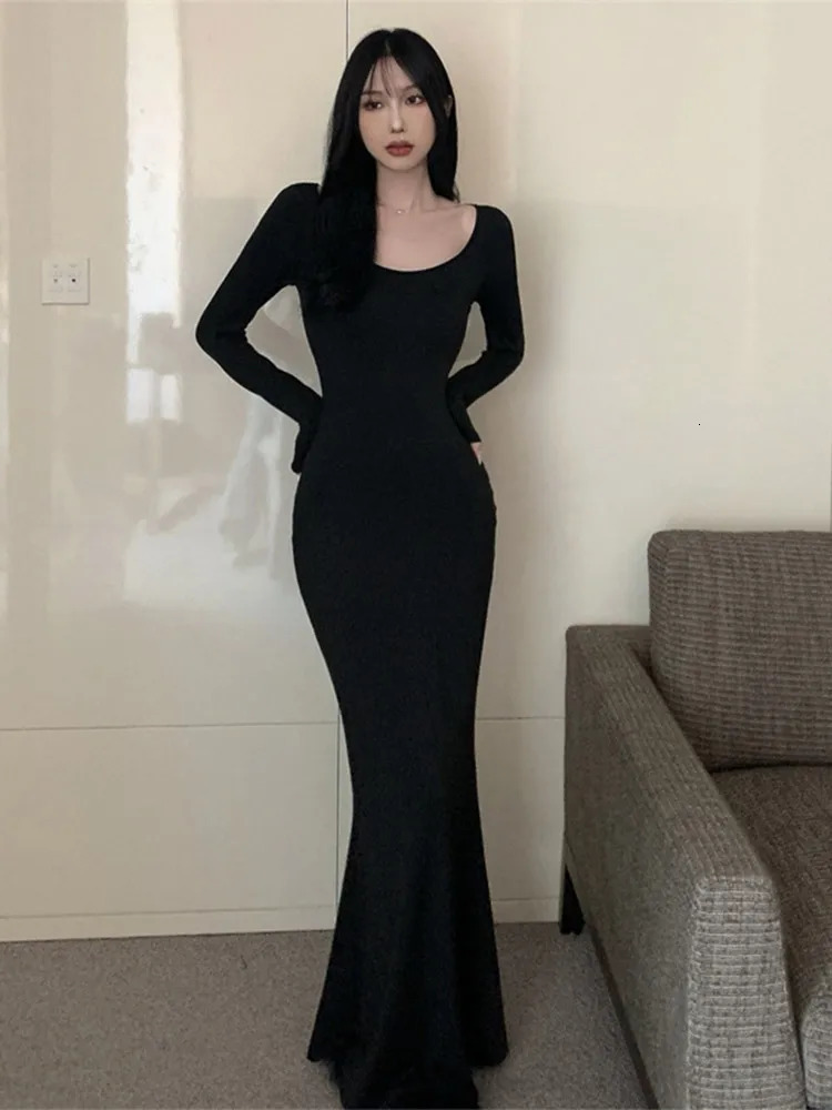 England Oneck Hip Package Woman Dress Trumpet Slim Long Sleeve Elegant Clothes 2024 Solid Summer Female Vestidos Maxi Dresses 240419
