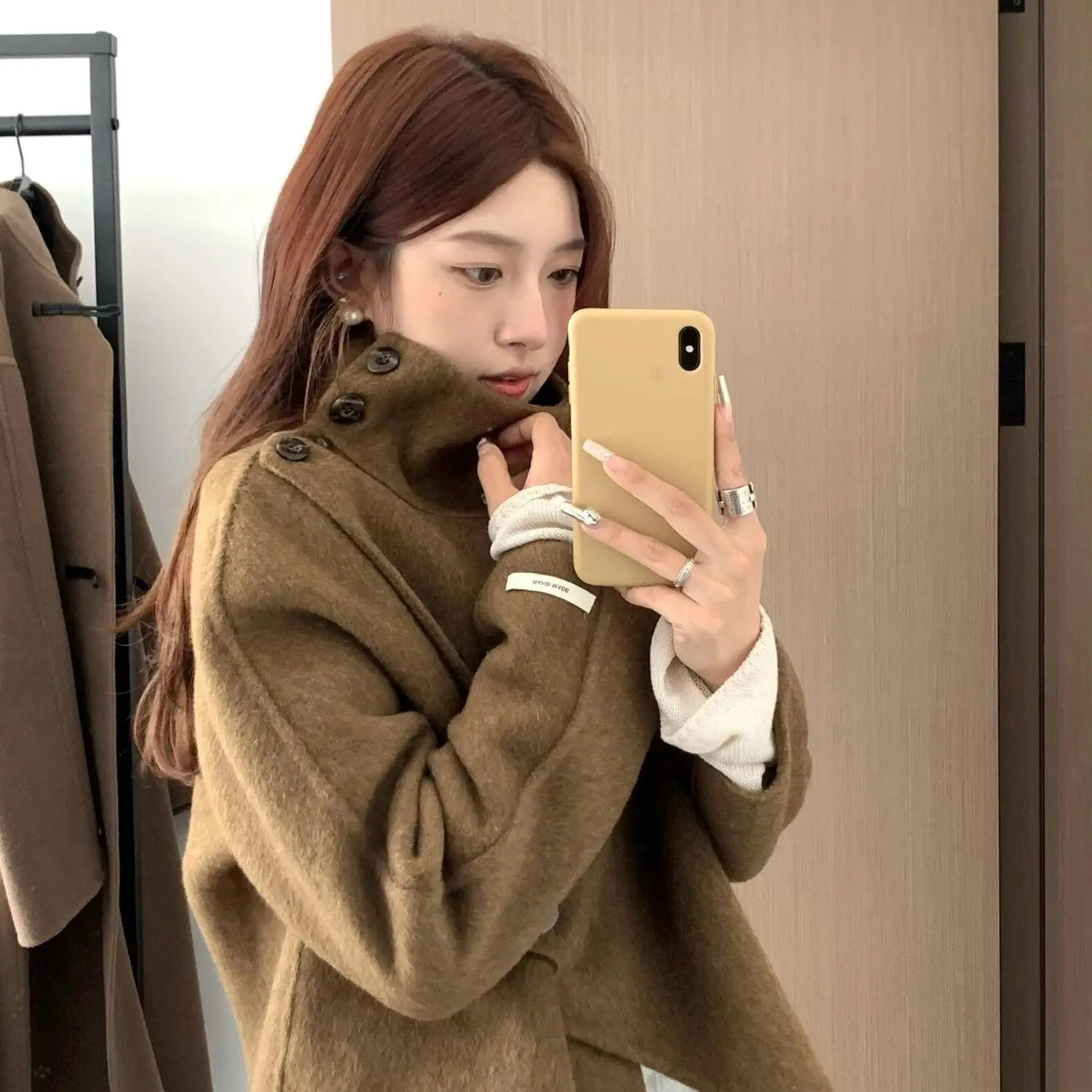 2024 Women High Collar Irregular n Wool Coat Autumn Loose Fashion Elegant Casual Outerwear Korean 241108