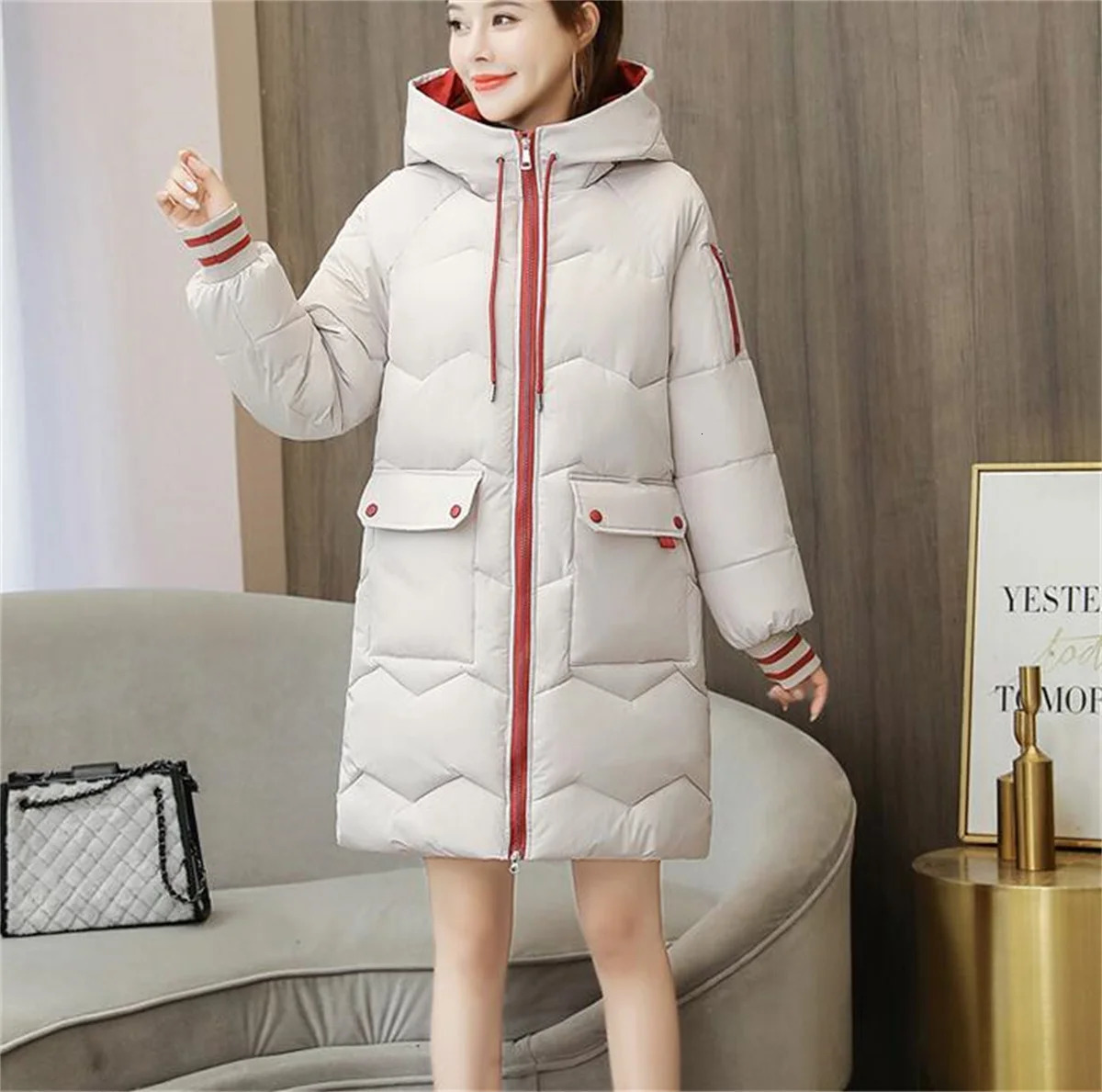Women Winter Midlength Quilted Coat Hooded Overcoat Thick Warm Jackets Contrast Pockets Fashion Parkas Casual Loose Down Jacket 241108