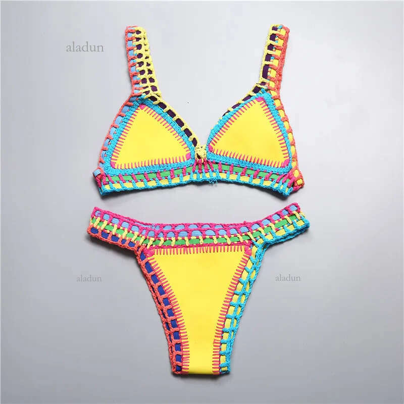 Crochet Swimwear for Female Knitted Swimsuits Neoprene Bikini Beachwear Boho Style Swimsuit Two Pieces Bathng Suits 220408