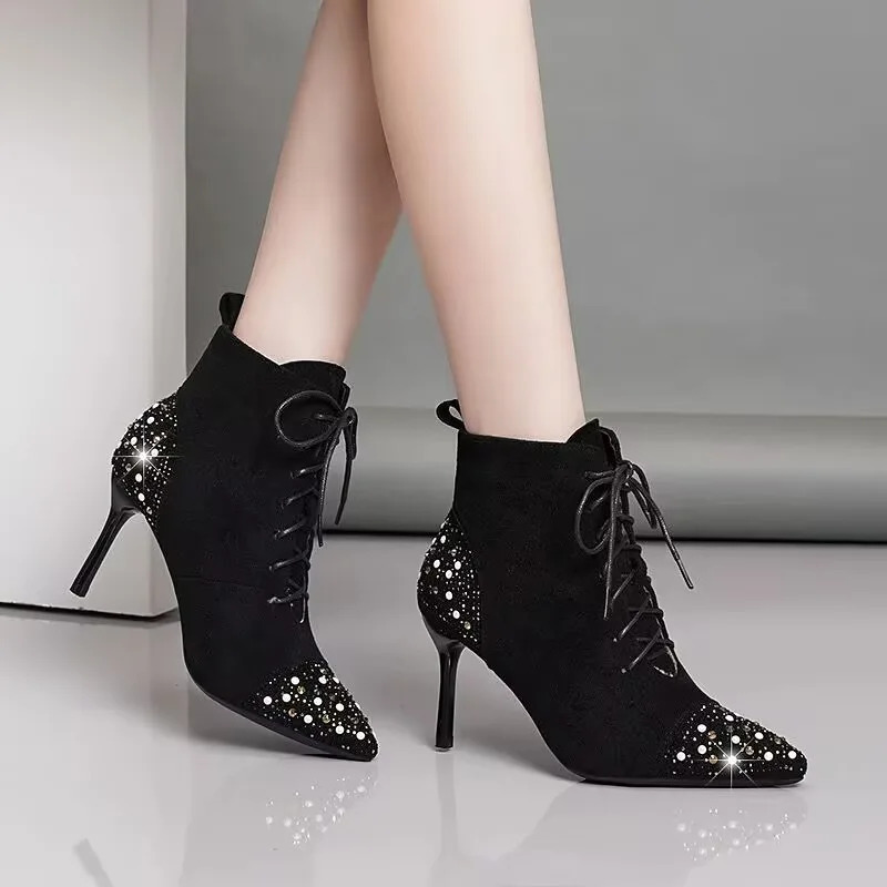 42 Crystal Chelsea Stiletto Shoes Ankle Womens Boots Sexy Pointed Toe Shoes Winter Trend Suede Lace Dress Botas Mujer 40 241115