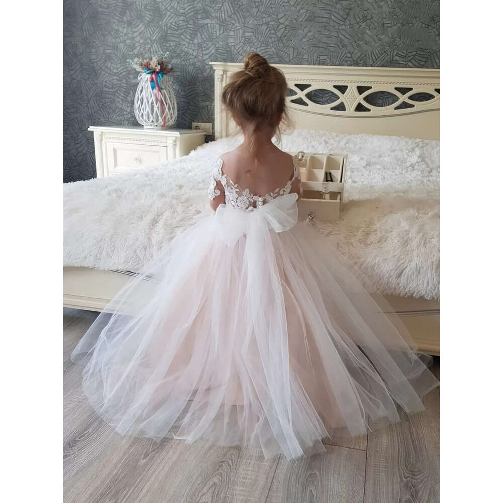 Wedding wer Dress With Sleeves Lace Tulle Princess Ball Gown For Party Junior Bridesmaid Dresses Sweet Kids Girl Clothes MC