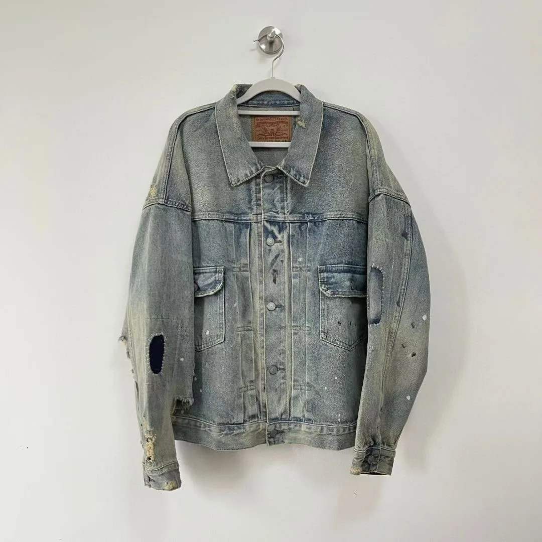 Mens Retro Distressed Broken Dirty Denim Jacket 241115