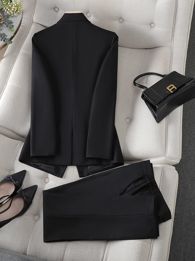 Grey black blue white womens long sleeved solid jacket and Trouser formal 2piece set suitable for autumn winter 241115