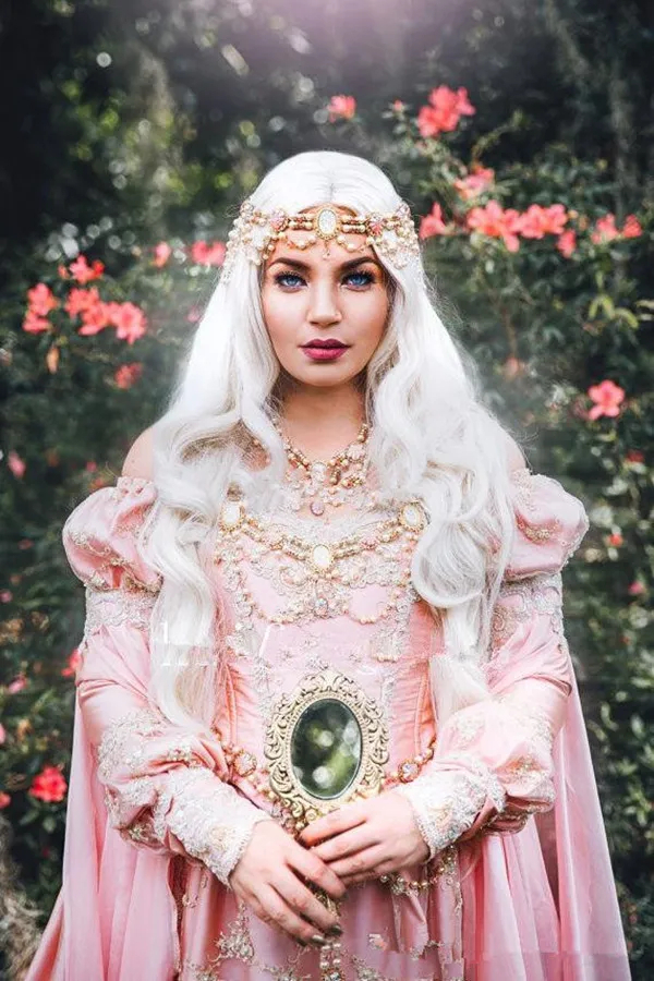 Medieval Princess Prom Dresses Off The Shoulder Long Sleeves Peach Pink Corset Masquerade Dress Fantasy Sleeping Beauty Gown Vintage Special Occasion 