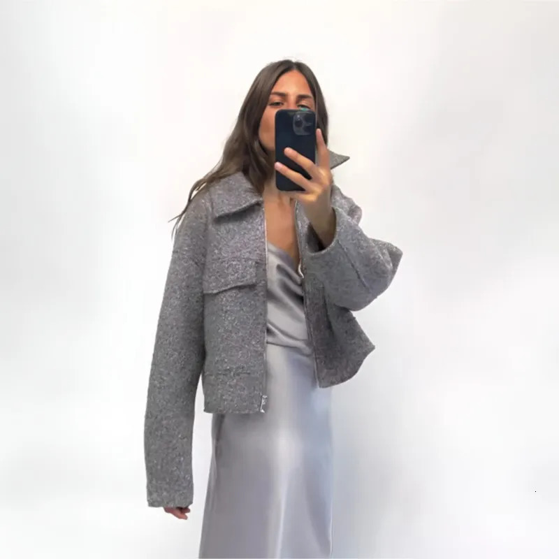 Autumn and winter womens retro coarse woolen jacket suitable for jacket jacket fashionable loose long sleeved zipper womens jacket fashionable crop ja