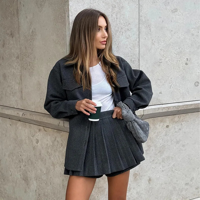 Elegant Autumn Winter Women Two-piece Set Lapel Long Sleeved Woolen JacketHigh Waist Pleated Mini Skirt Set Female 2-piece Set 241116