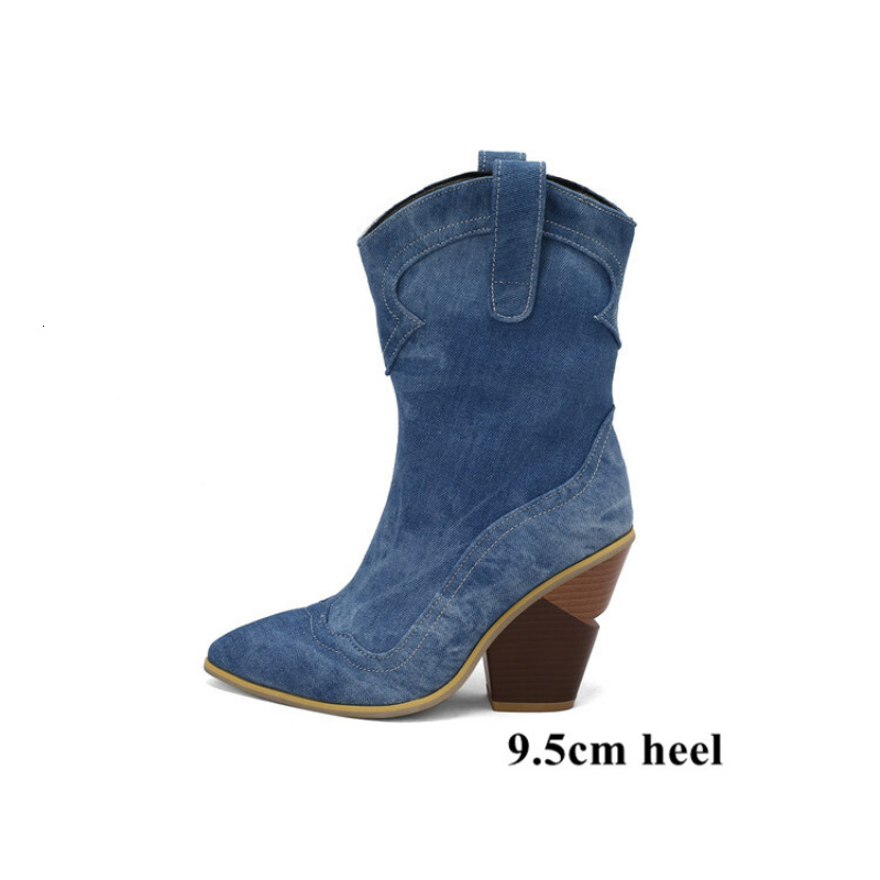 Leshion Of Chanmeb Thick Wooden Wedge Heels Women Blue Denim Jeans Western Cowboy Boots Cowgirl Big Size 47 48 Shoes