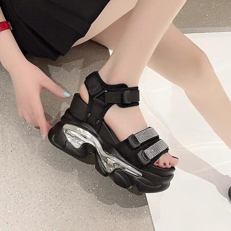 Summer High Platform Women Sandals Buckle 10CM Wedges Bling Shoes Fashion Outside Chunky Sandals Beach Casual Slides Woman 240415