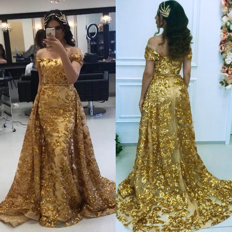 Elegant Arabic Dubai Gold Sequins Mermaid Prom Dresses With Detachable Skirt Off Shoulder Long Sparkly Evening Gowns 2024 Women Chic Party Special Occ