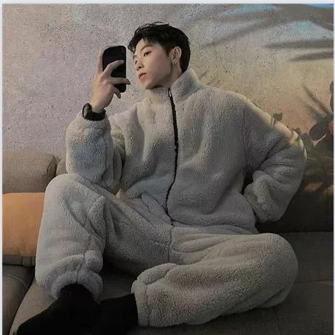 Coral fleece sleepwear set for men and women winter warm sleepwear with long sleeves Trouser sleepwear thick sleepwear zipper hooded sleepwear 241112
