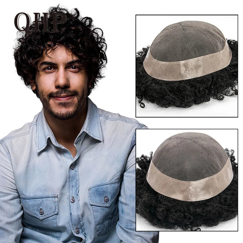 QHP Men Capillary Prosthesis Fine Mono Npu Toupee Straight Curly Human Hair Wig Man Durable Natural Hair Replacement Systems 241115