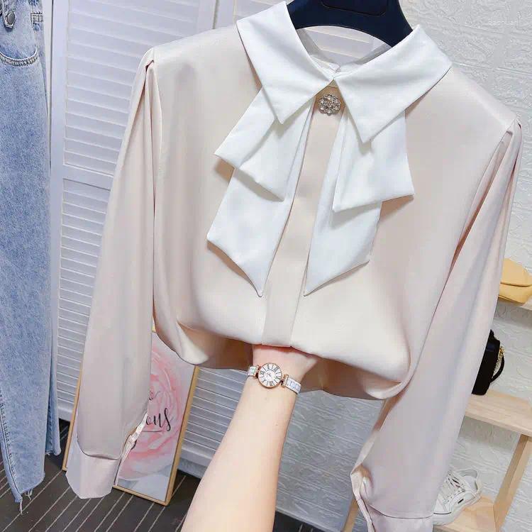 Womens Blouses Small Bow Tie Doll Collar Shirt Feminine Temperament OL Fashionable Base Loose Drape Fluttering Sweet Top