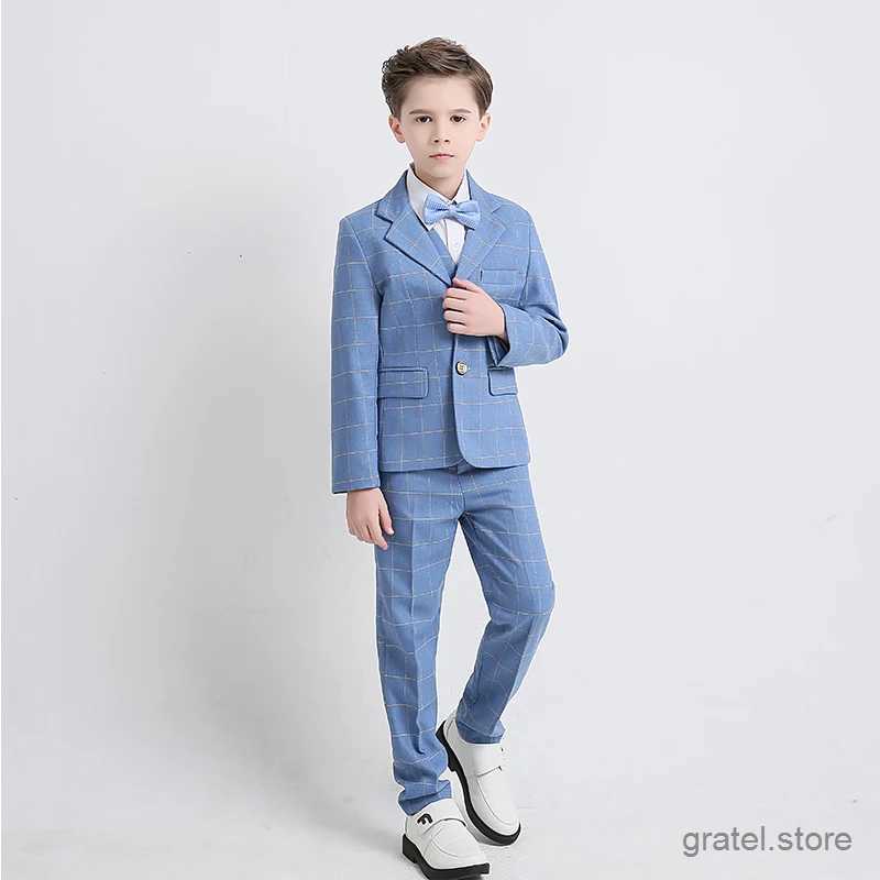 Suits Boys Blue Wedding Suit Kids Formal Blazer Clothing Set Childrens Day Photography Suit Graduation Performance Dress Costume