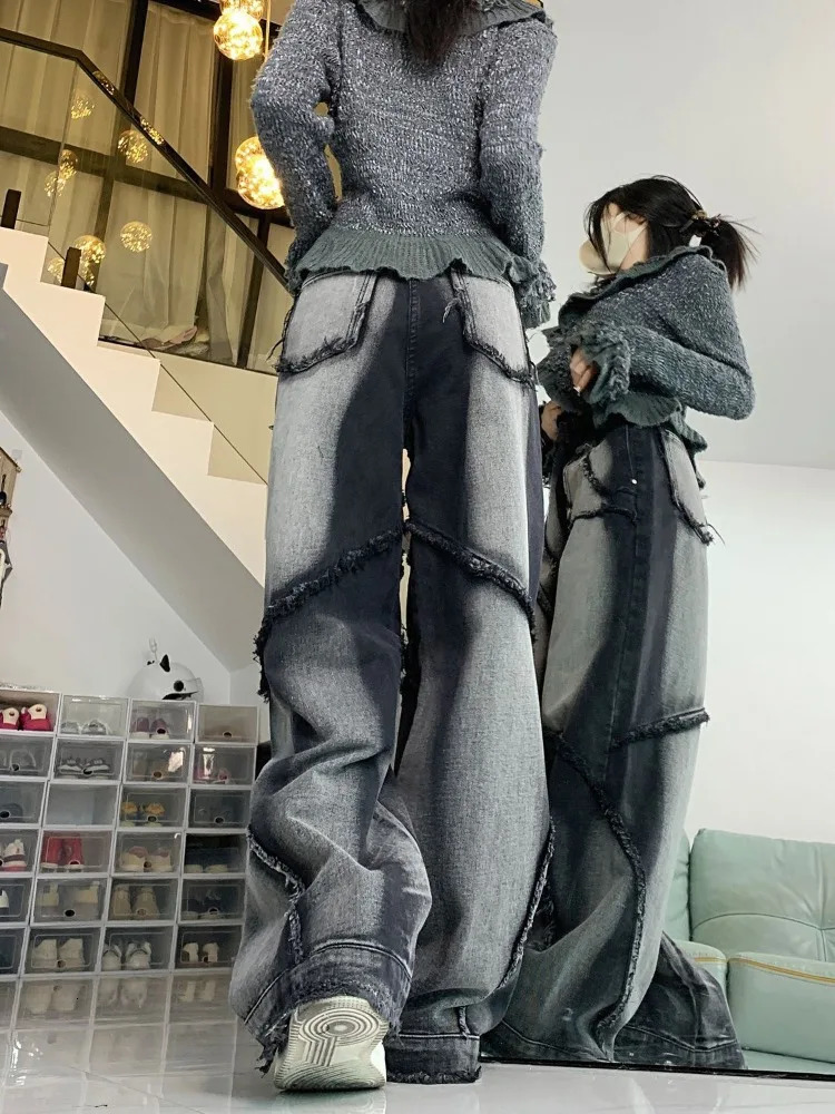 HOUZHOU Y2K Wide Leg Jean Hip Hop Style Fashion Vintage Streetwear Black High Waist Female Trouser Baggy Denim Pants 241108